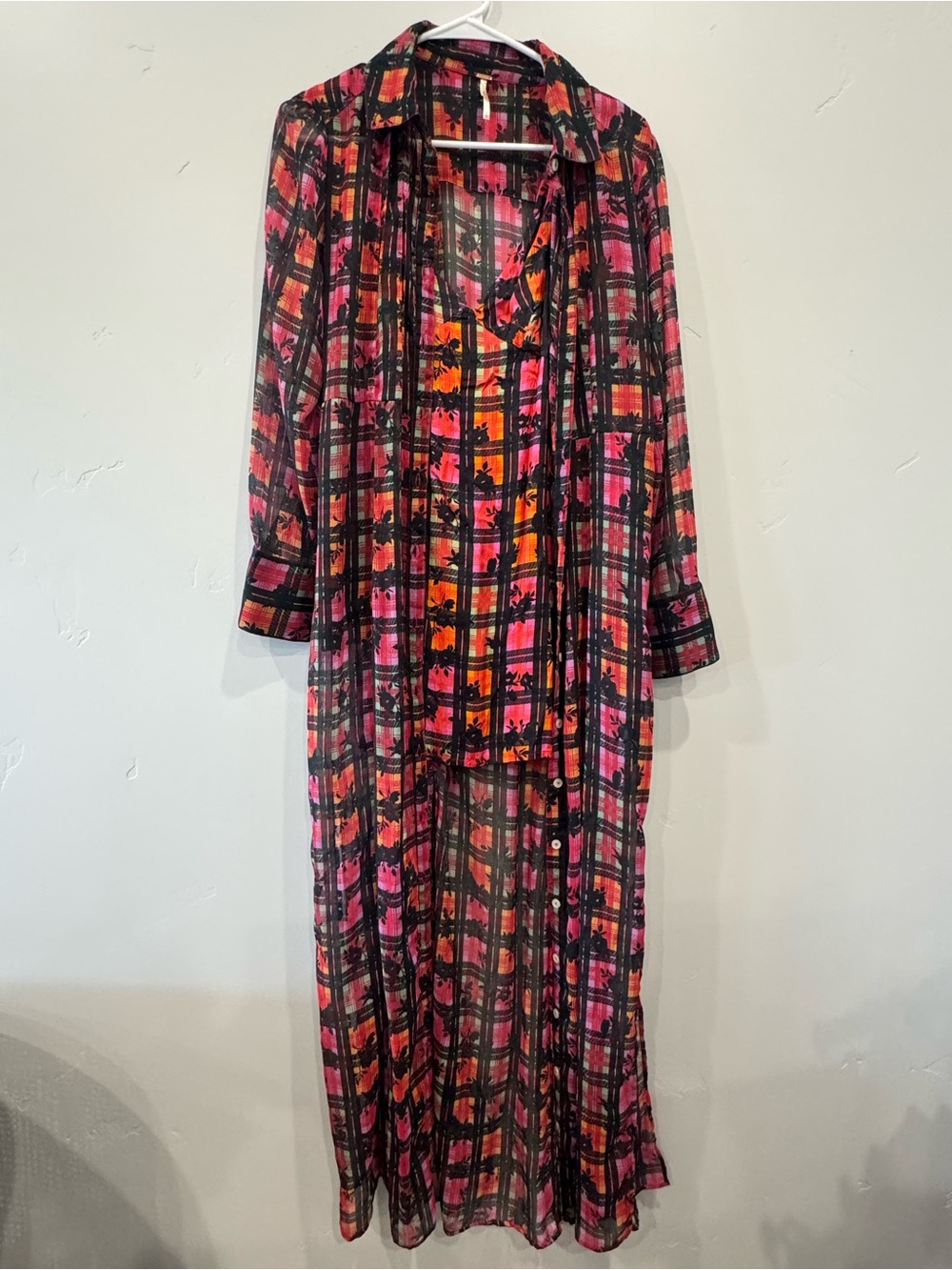 Free People Jerra Shirt Dress Floral Plaid Button-Front Maxi Dress in Pink Black - Picture 4 of 5